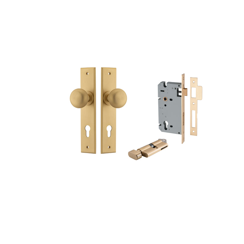 Cambridge Knob - Chamfered Backplate Entrance Kit with High Security Lock Satin Brass / Solid Brass