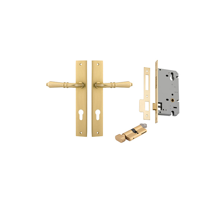 Sarlat Lever - Rectangular Backplate Entrance Kit with High Security Lock Brushed Gold PVD / Solid Brass