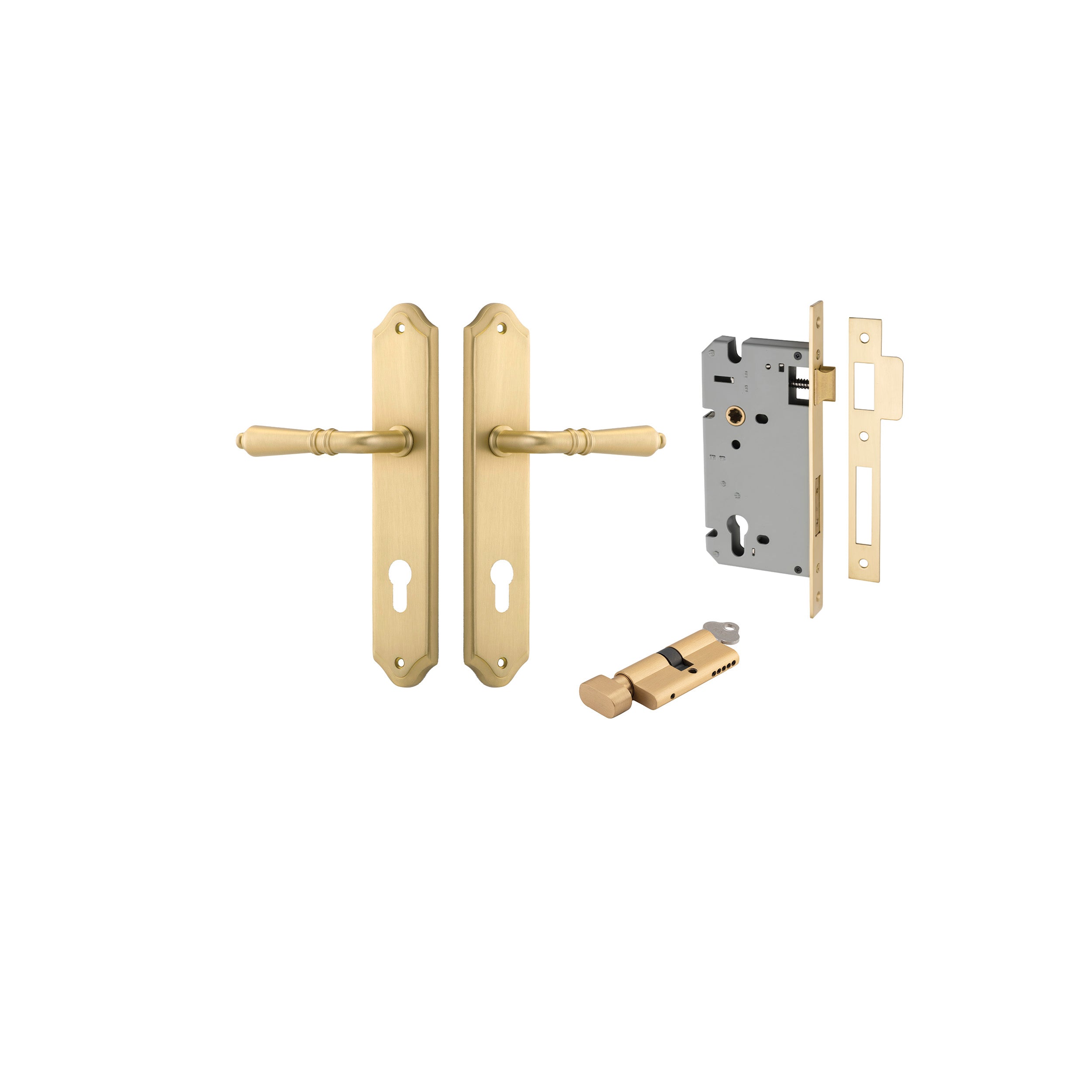 Sarlat Lever - Shouldered Backplate Entrance Kit with High Security Lock Brushed Gold PVD / Solid Brass