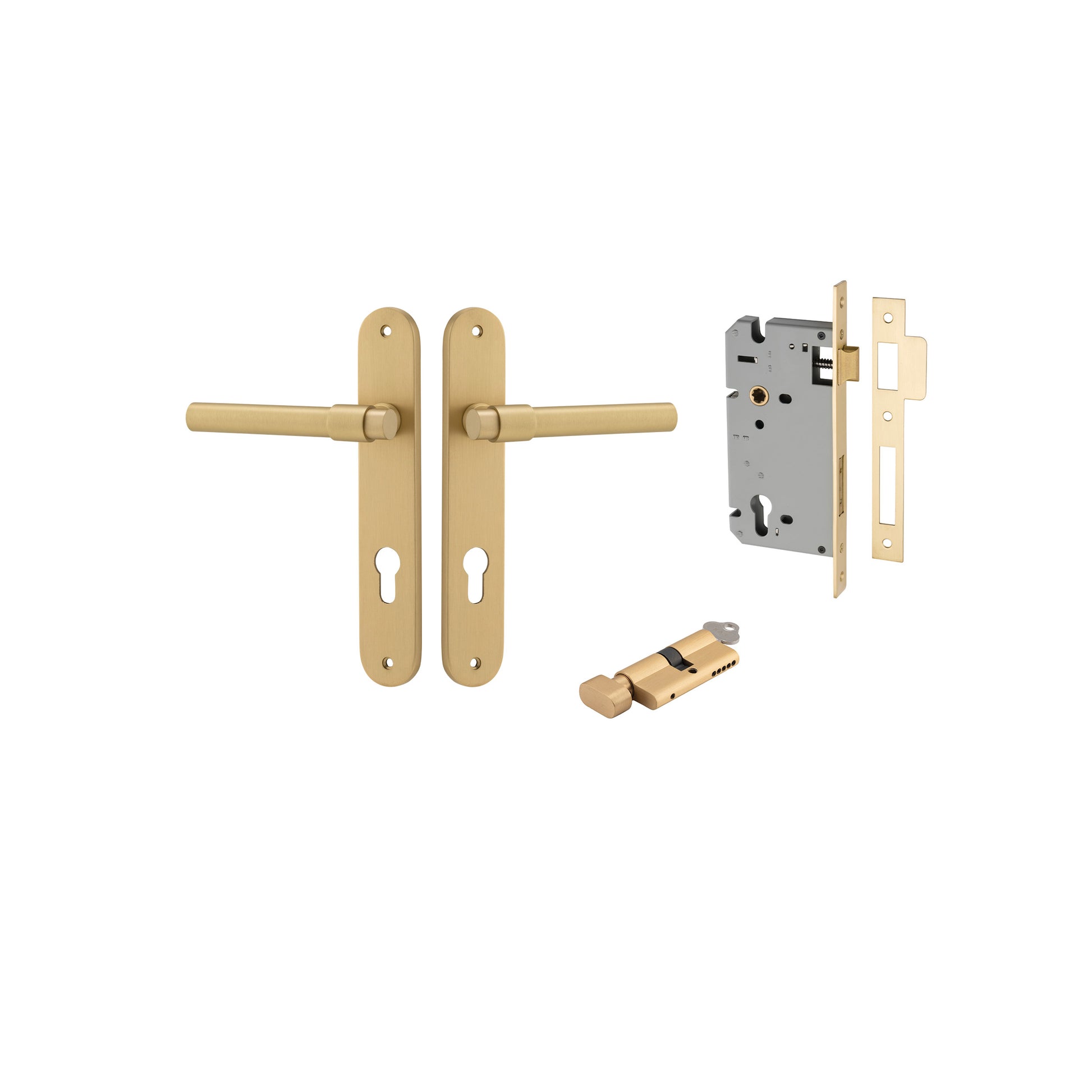 Helsinki Lever - Oval Backplate Entrance Kit with High Security Lock Brushed Gold PVD / Solid Brass