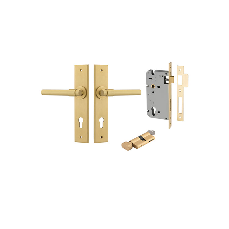 Helsinki Lever - Chamfered Backplate Entrance Kit with High Security Lock Brushed Gold PVD / Solid Brass