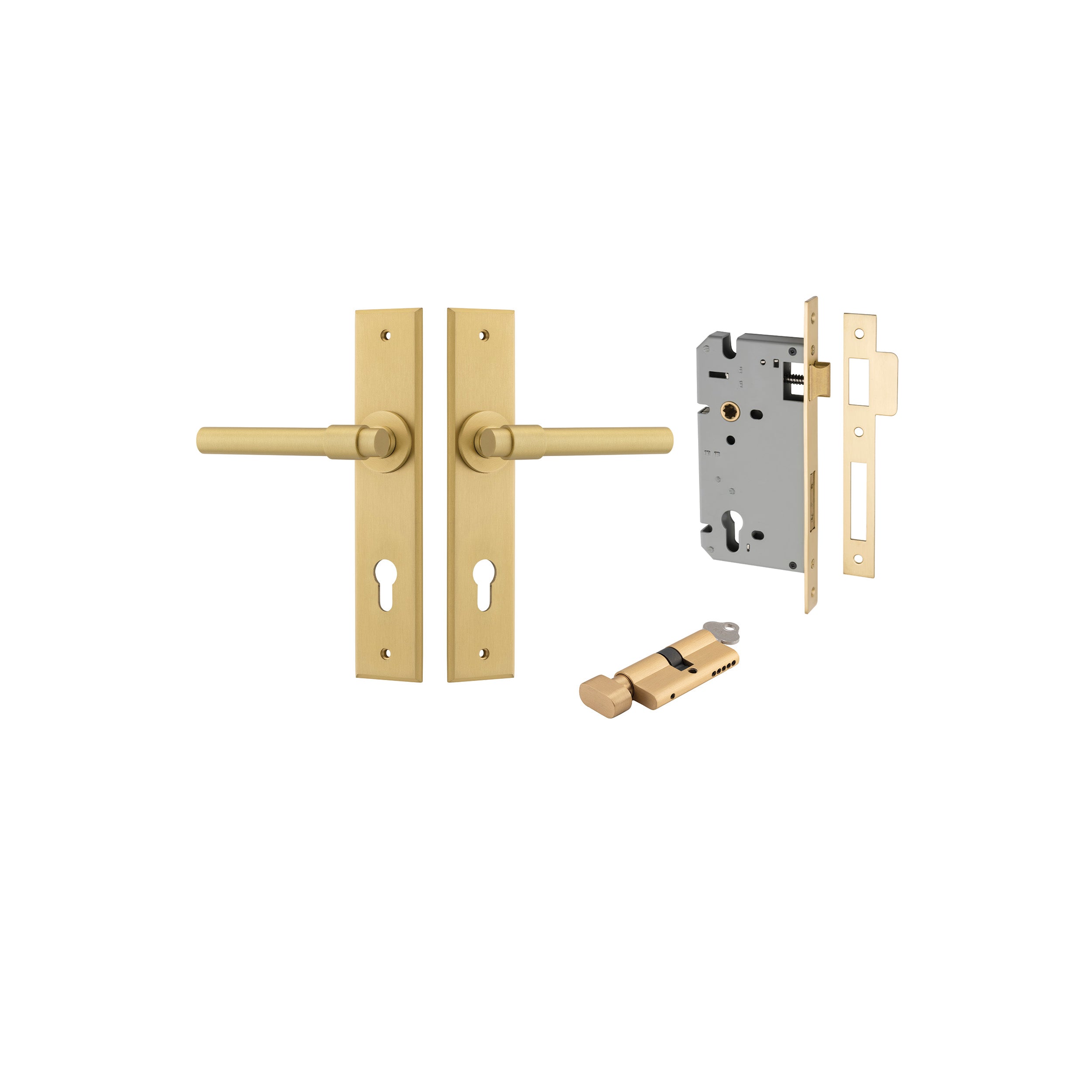 Helsinki Lever - Chamfered Backplate Entrance Kit with High Security Lock Brushed Gold PVD / Solid Brass