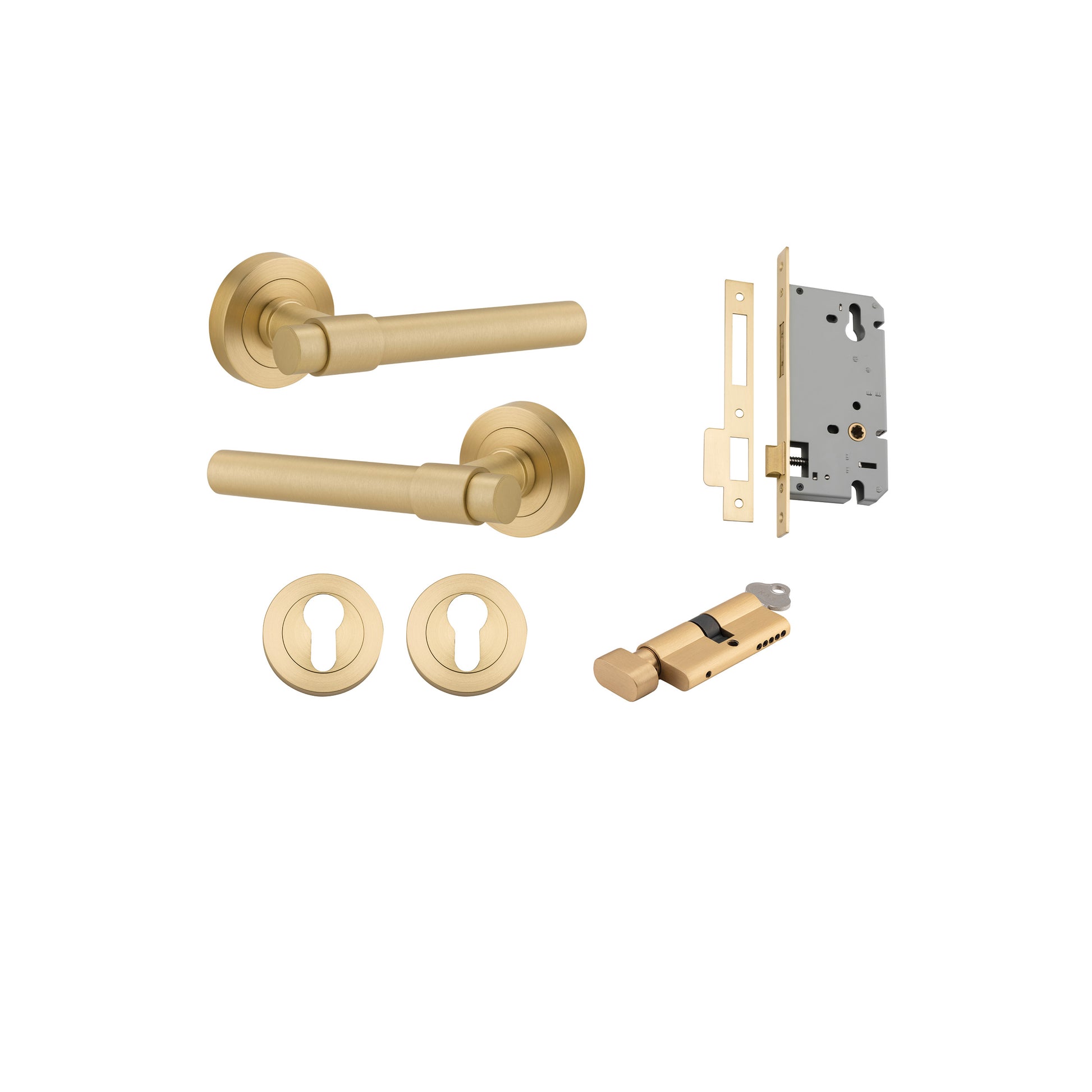 Helsinki Lever - Round Rose Entrance Kit with Separate High Security Lock Brushed Gold PVD / Solid Brass