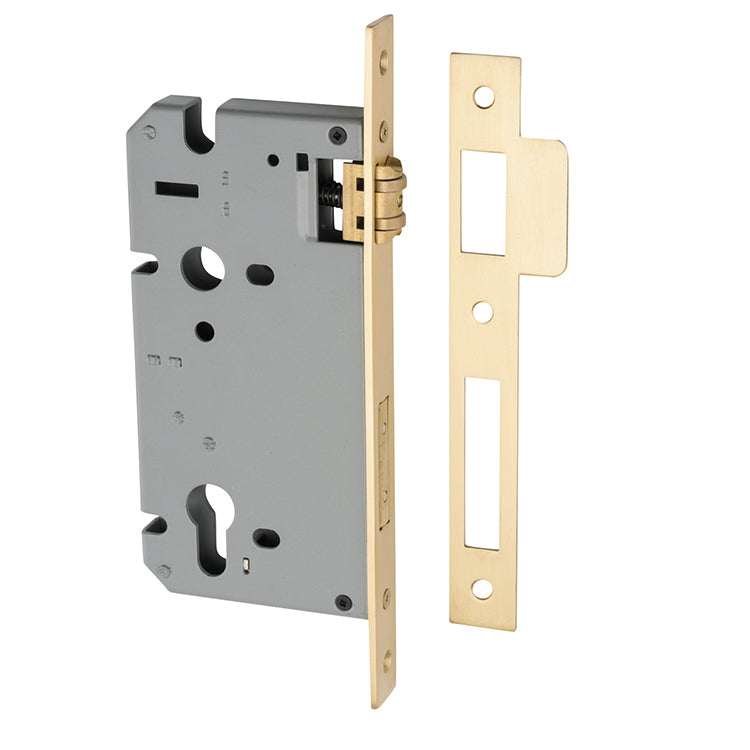 Mortice 85mm Euro Roller Lock - 60mm Backset Brushed Gold PVD / Steel & Sheet Brass