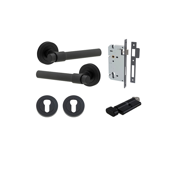 Helsinki Lever - Round Rose Entrance Kit with Separate High Security Lock Matt Black / Solid Brass