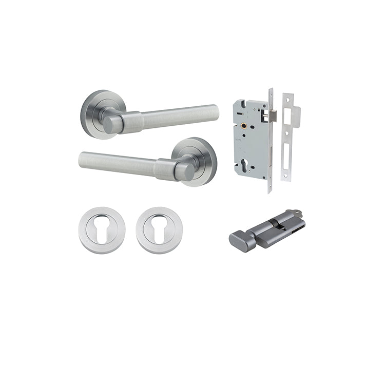 Helsinki Lever - Round Rose Entrance Kit with Separate High Security Lock Satin Chrome / Solid Brass