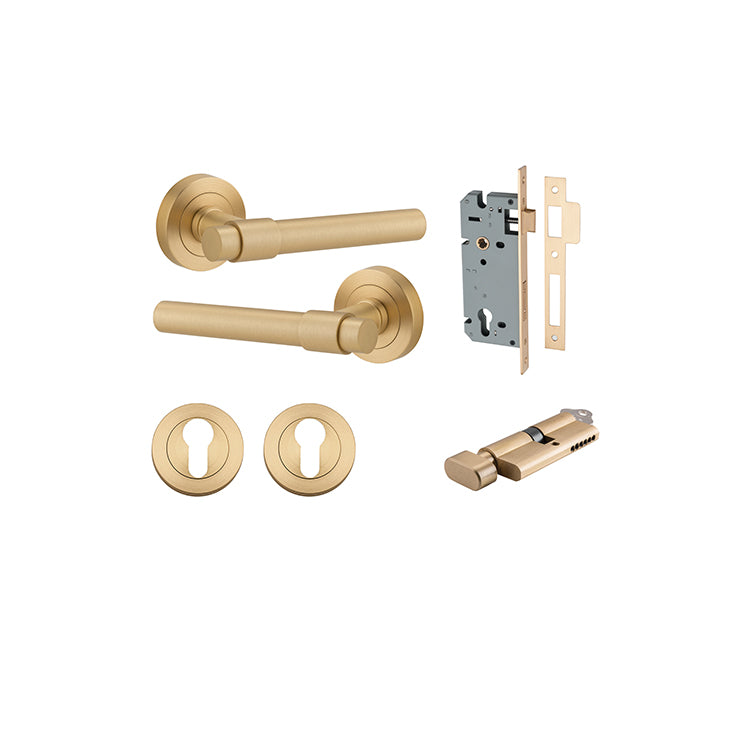 Helsinki Lever - Round Rose Entrance Kit with Separate High Security Lock Satin Brass / Solid Brass