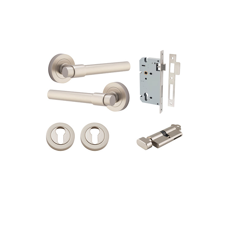 Helsinki Lever - Round Rose Entrance Kit with Separate High Security Lock Satin Nickel / Solid Brass