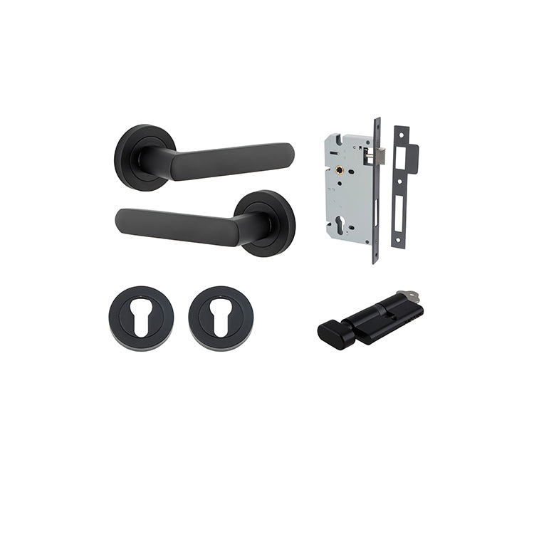 Osaka Lever - Round Rose Entrance Kit with Separate High Security Lock Matt Black / Solid Brass