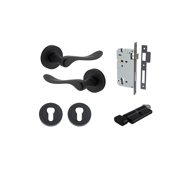 Stirling Lever - Round Rose Entrance Kit with Separate High Security Lock Matt Black / Solid Brass