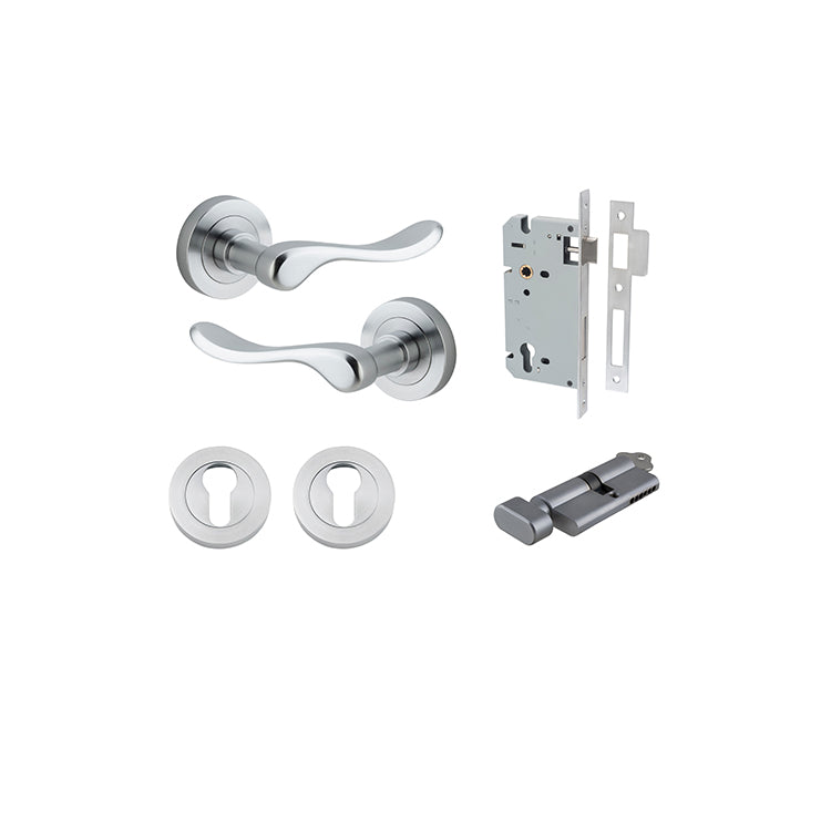 Stirling Lever - Round Rose Entrance Kit with Separate High Security Lock Satin Chrome / Solid Brass