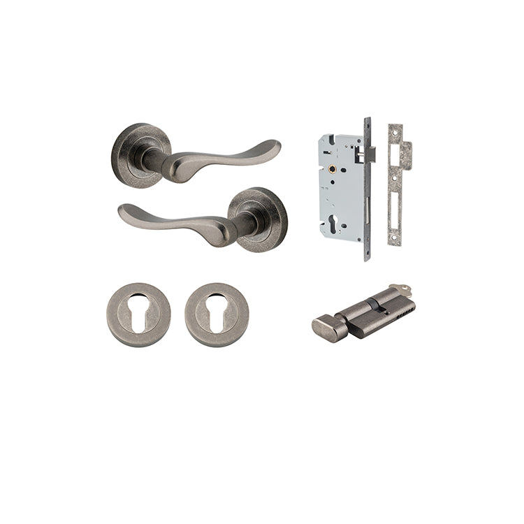 Stirling Lever - Round Rose Entrance Kit with Separate High Security Lock Rumbled Nickel / Solid Brass