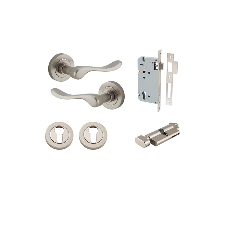 Stirling Lever - Round Rose Entrance Kit with Separate High Security Lock Satin Nickel / Solid Brass