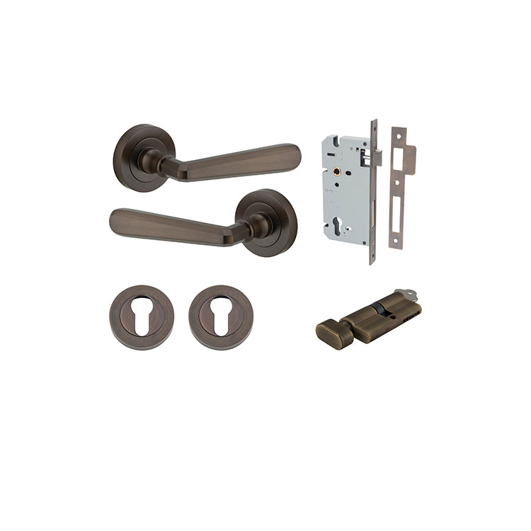 Copenhagen Lever - Round Rose Entrance Kit with Separate High Security Lock Antique Brass / Solid Brass