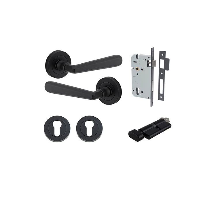 Copenhagen Lever - Round Rose Entrance Kit with Separate High Security Lock Matt Black / Solid Brass