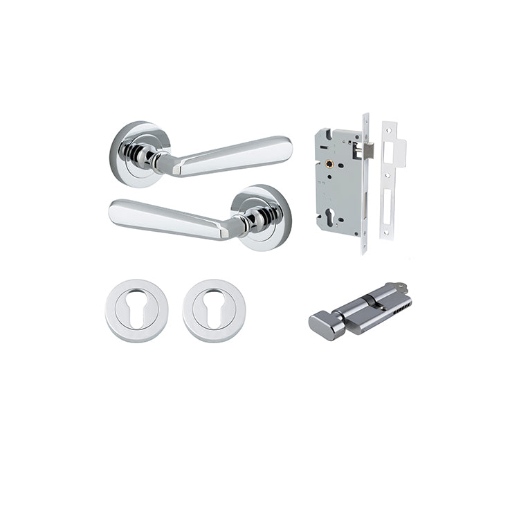 Copenhagen Lever - Round Rose Entrance Kit with Separate High Security Lock Chrome Plated / Solid Brass