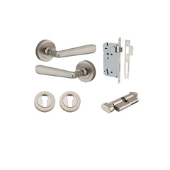 Copenhagen Lever - Round Rose Entrance Kit with Separate High Security Lock Satin Nickel / Solid Brass