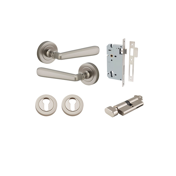 Copenhagen Lever - Round Rose Entrance Kit with Separate High Security Lock Satin Nickel / Solid Brass