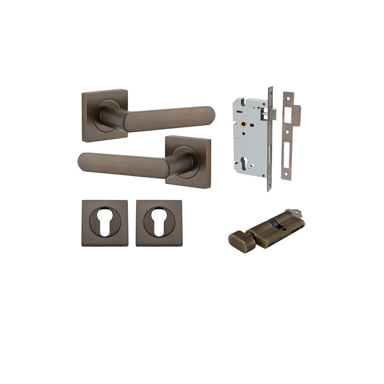 Osaka Lever - Square Rose Entrance Kit with Separate High Security Lock Antique Brass / Solid Brass