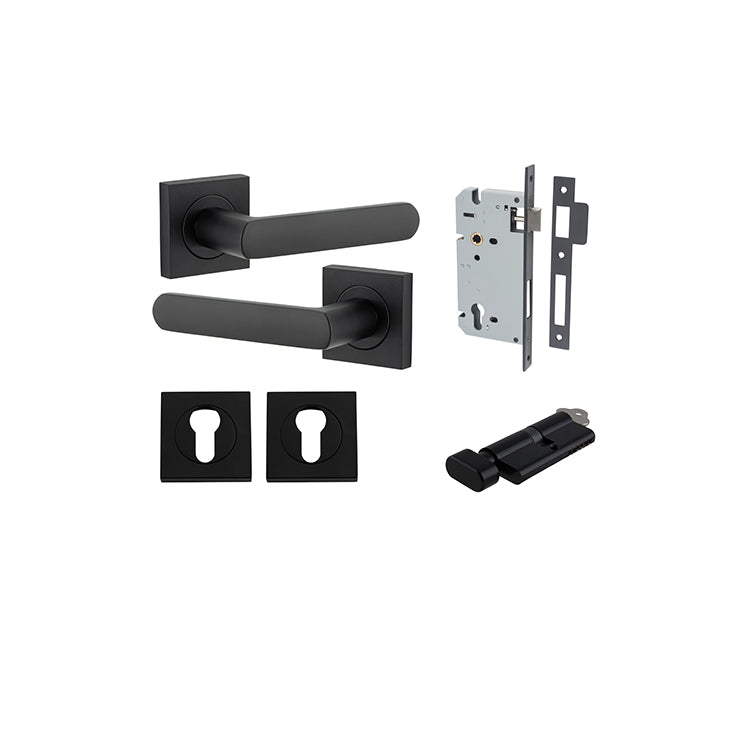 Osaka Lever - Square Rose Entrance Kit with Separate High Security Lock Matt Black / Solid Brass