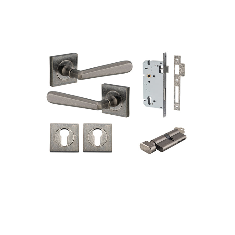 Copenhagen Lever - Square Rose Entrance Kit with Separate High Security Lock Rumbled Nickel / Solid Brass