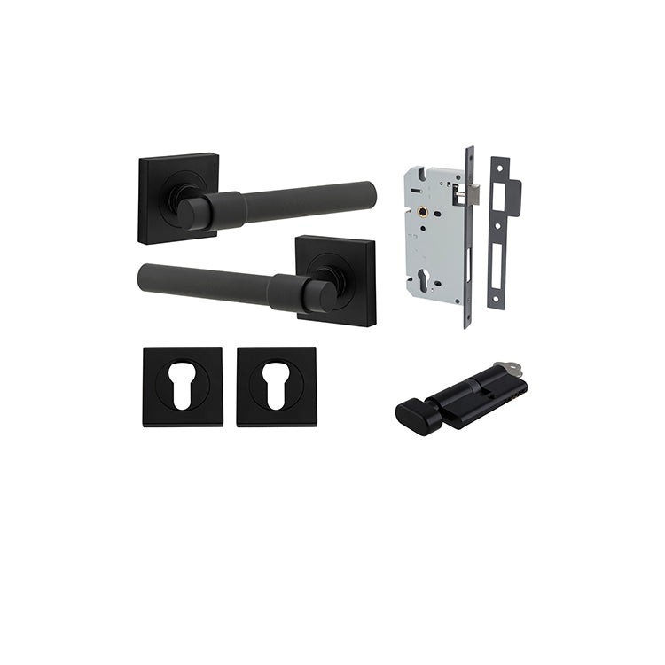 Helsinki Lever - Square Rose Entrance Kit with Separate High Security Lock Matt Black / Solid Brass