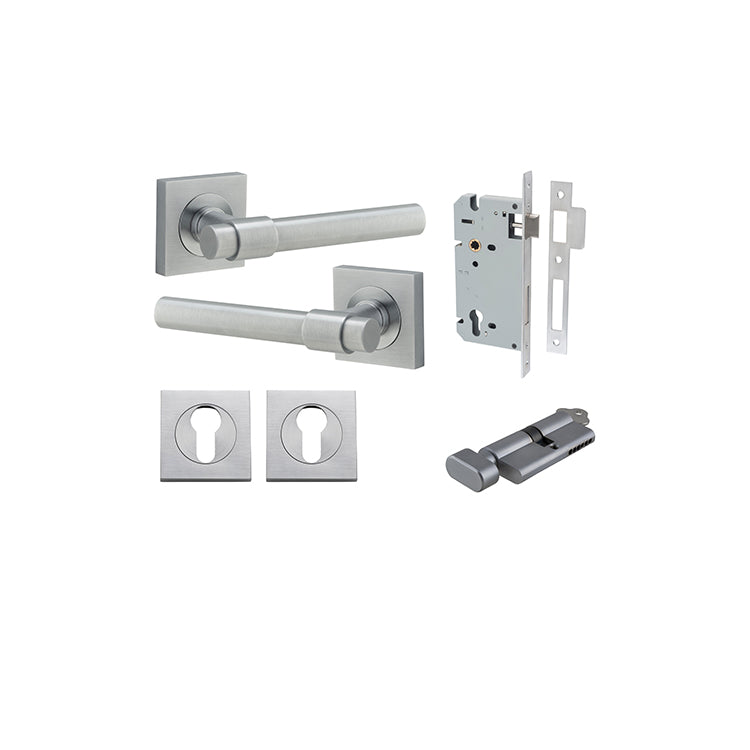 Helsinki Lever - Square Rose Entrance Kit with Separate High Security Lock Satin Chrome / Solid Brass