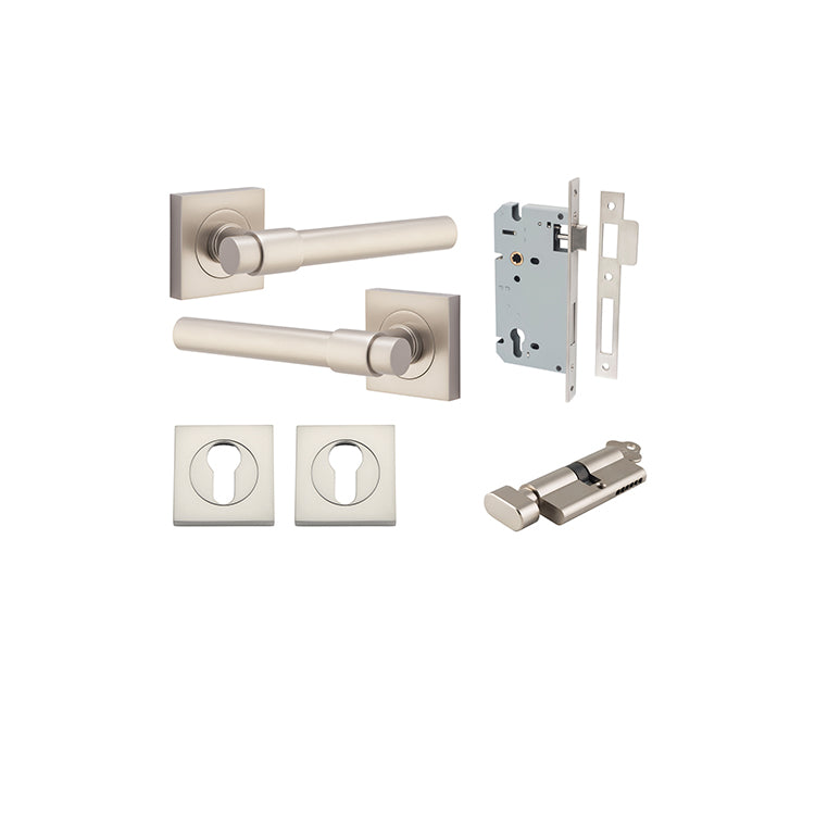 Helsinki Lever - Square Rose Entrance Kit with Separate High Security Lock Satin Nickel / Solid Brass
