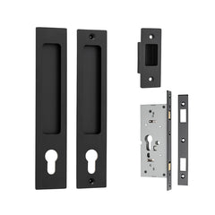 Cavity Rectangular Sliding Door Pull Entrance Kit with High Security Lock Matt Black / Solid Brass