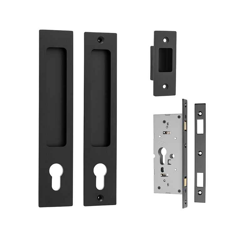 Cavity Rectangular Sliding Door Pull Entrance Kit with High Security Lock Matt Black / Solid Brass