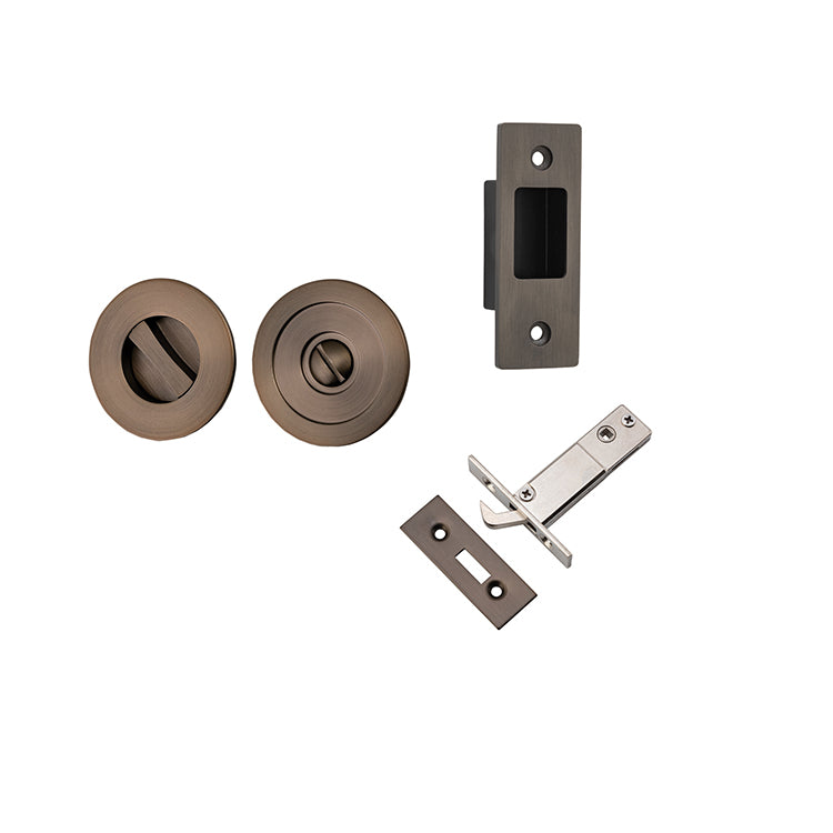 Round Sliding Door Pull Privacy Kit with Inbuilt Privacy Turn Antique Brass / Solid Brass