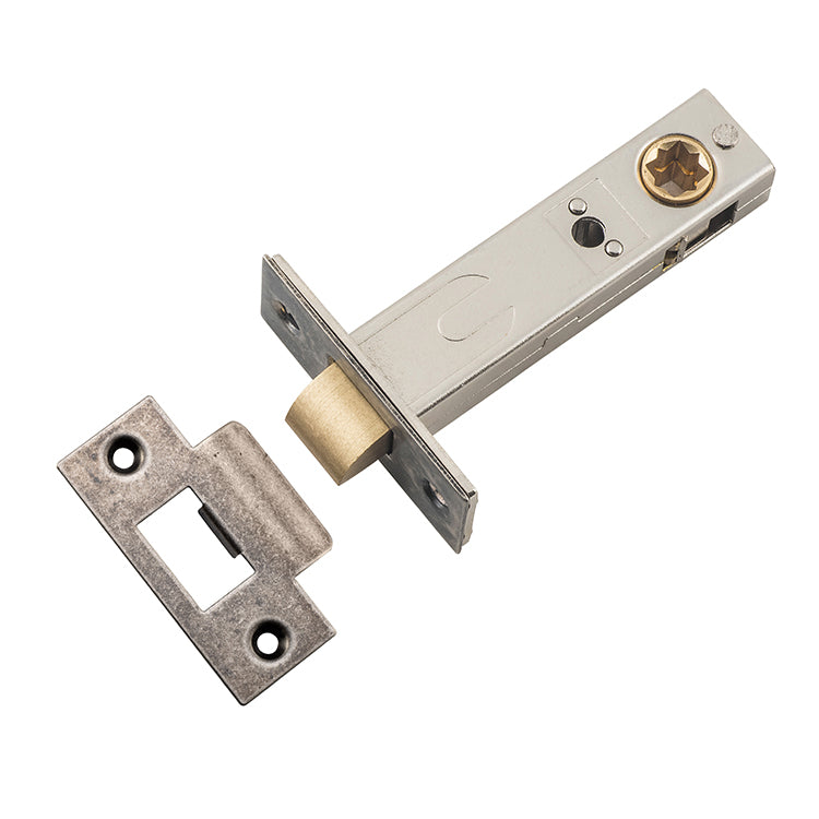 Hard Sprung Split Cam Tube Latch - 70mm Backset Rumbled Nickel / Steel & Sheet Brass
