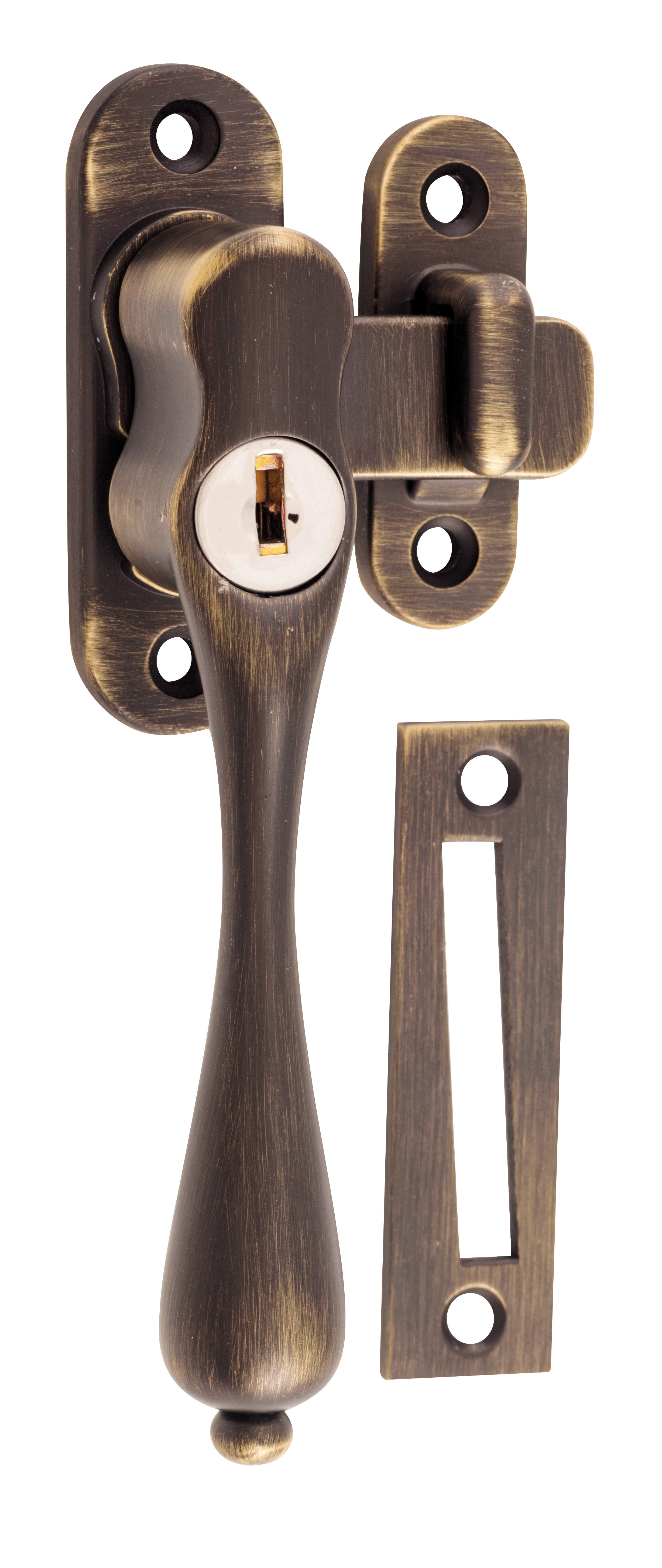 Locking Casement Fastener - Left Hand Antique Brass