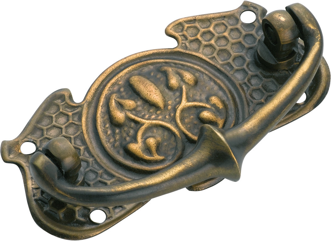 Nouveau Stamped Cabinet Handle Antique Brass / H35xW66mm