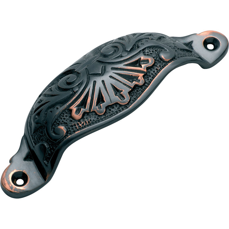 Ornate Cupped Drawer Pull Antique Copper