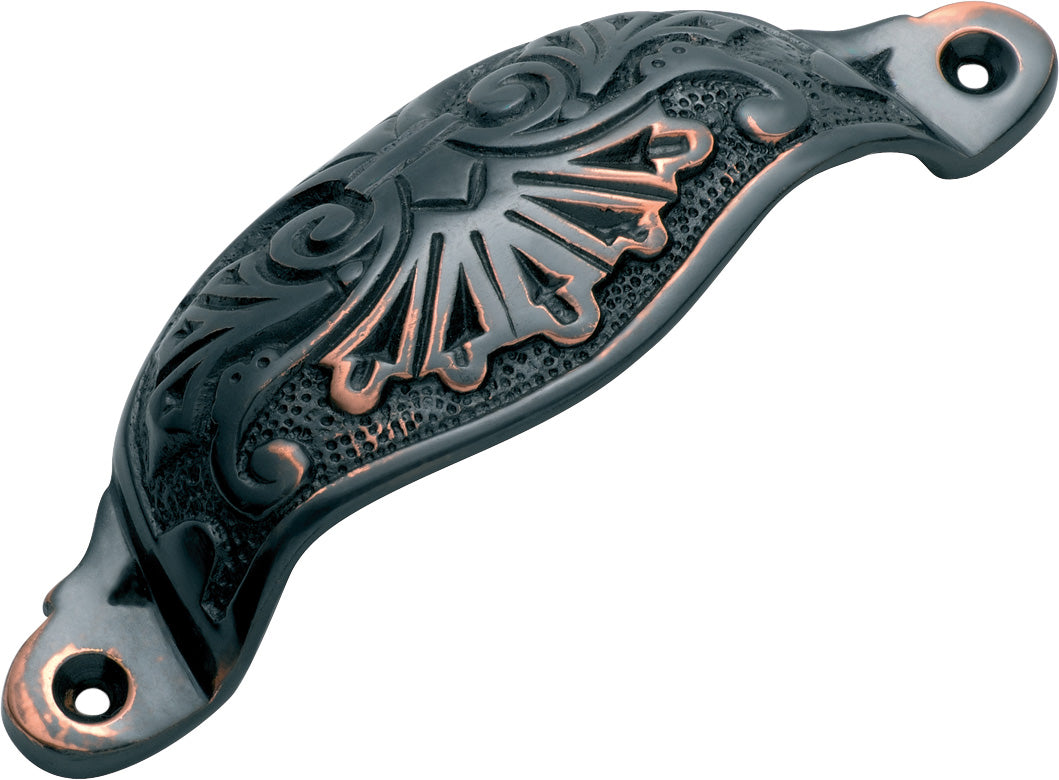 Ornate Cupped Drawer Pull Antique Copper