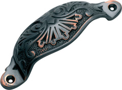 Ornate Cupped Drawer Pull Antique Copper
