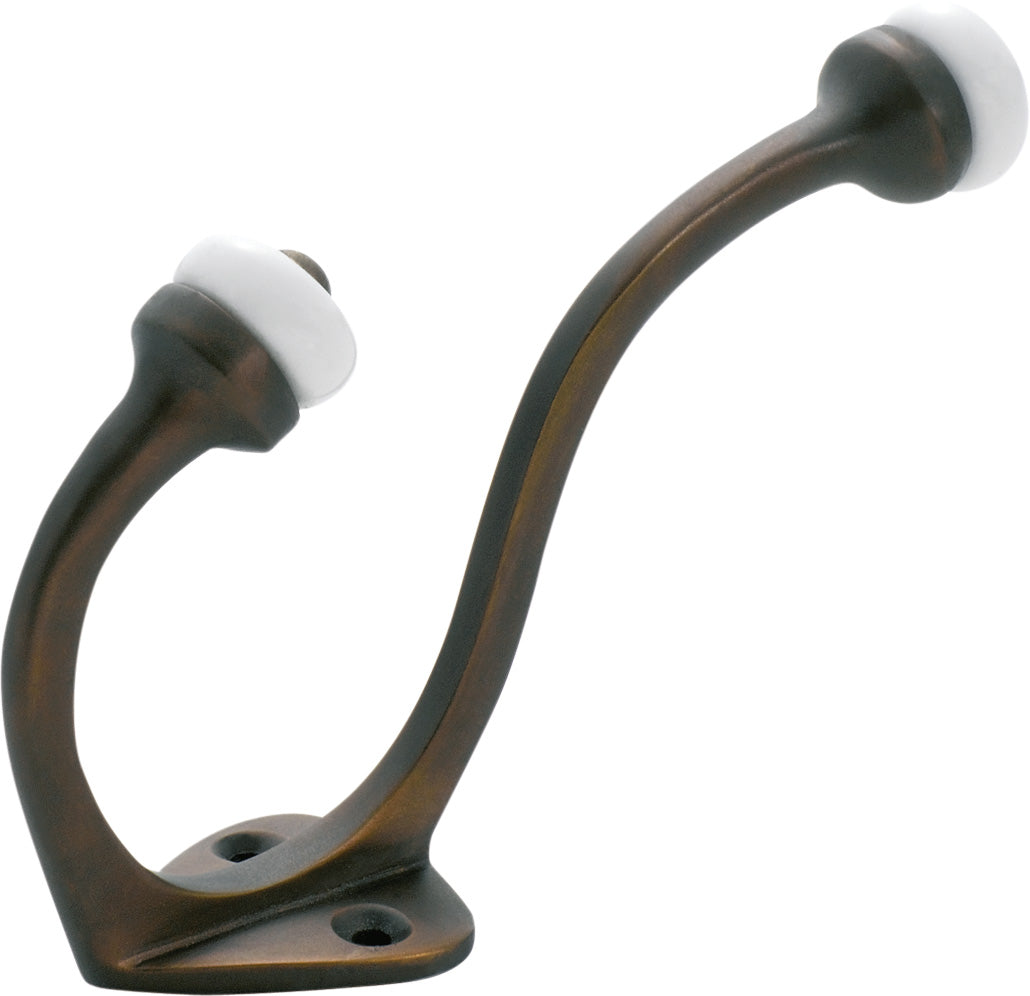 Porcelain Tip Hat & Coat Hooks Antique Brass