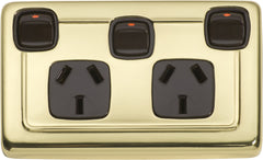 Flat Plate Rocker 3 Gang Switches with Double Socket Polished Brass