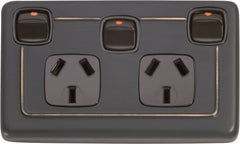 Flat Plate Rocker 3 Gang Switches with Double Socket Antique Copper