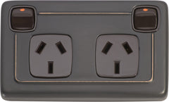 Flat Plate 2 Gang Rocker Switches with Double Socket Antique Copper