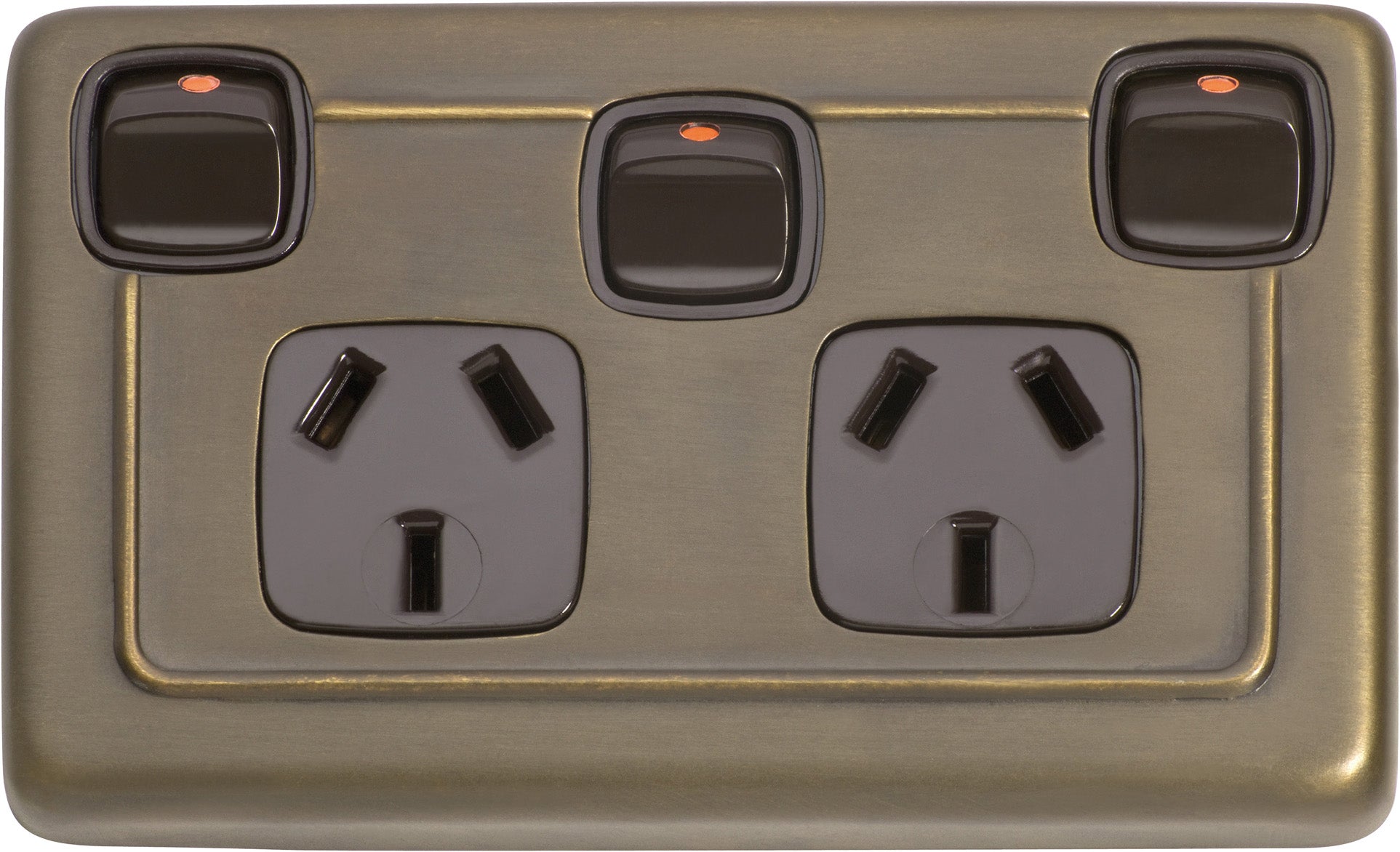 Flat Plate Rocker 3 Gang Switches with Double Socket Antique Brass
