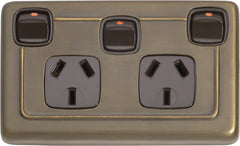 Flat Plate Rocker 3 Gang Switches with Double Socket Antique Brass