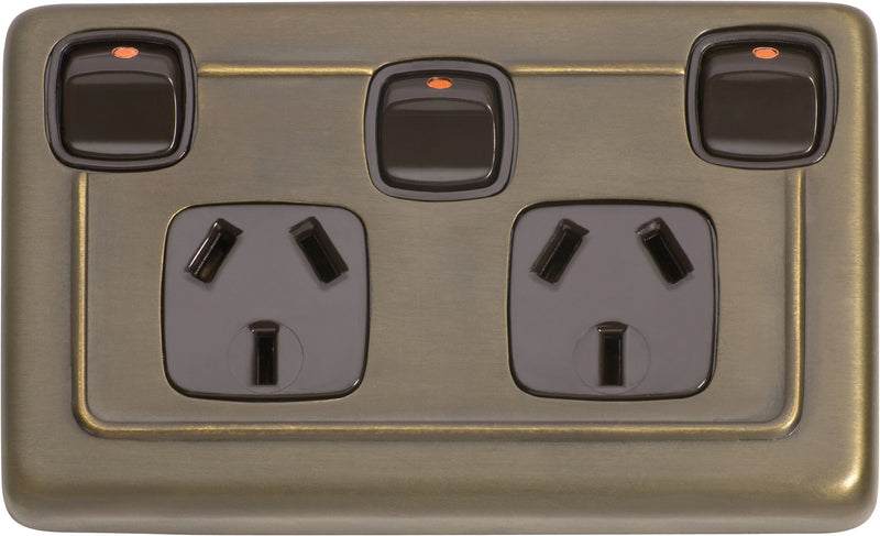 Flat Plate Rocker 3 Gang Switches with Double Socket Antique Brass