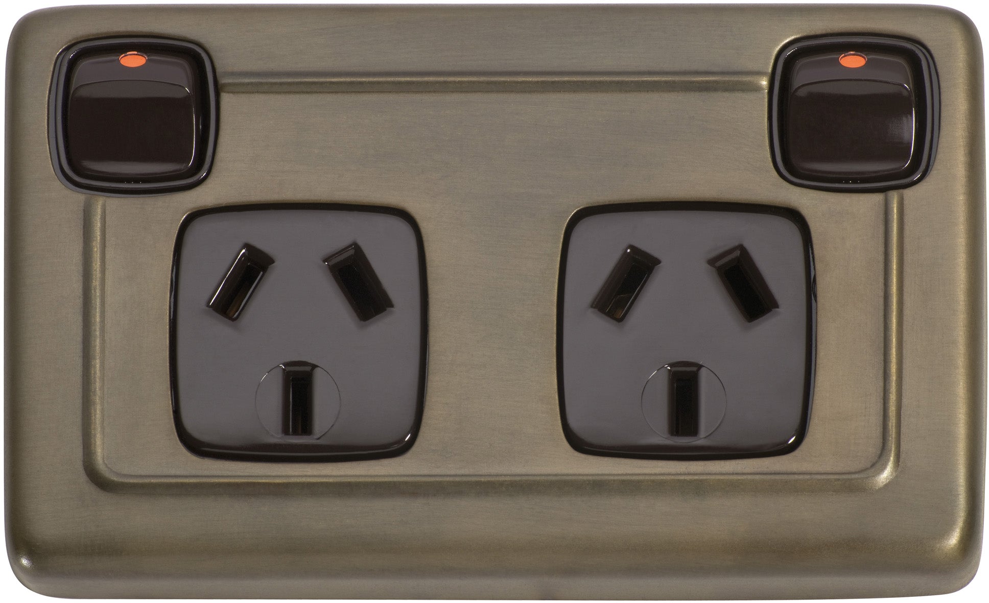Flat Plate 2 Gang Rocker Switches with Double Socket Antique Brass