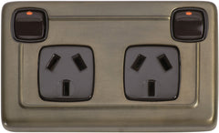Flat Plate 2 Gang Rocker Switches with Double Socket Antique Brass