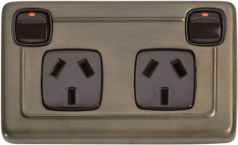 Flat Plate 2 Gang Rocker Switches with Double Socket Antique Brass