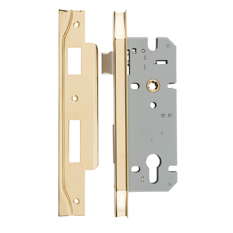 Rebated 85mm Euro Mortice Locks - 45mm Backset Polished Brass / Steel & Sheet Brass