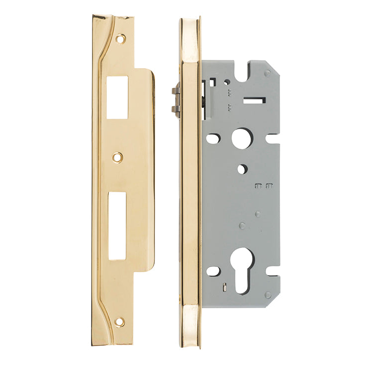 Rebated 85mm Euro Roller Mortice Locks - 45mm Backset Polished Brass / Steel & Sheet Brass