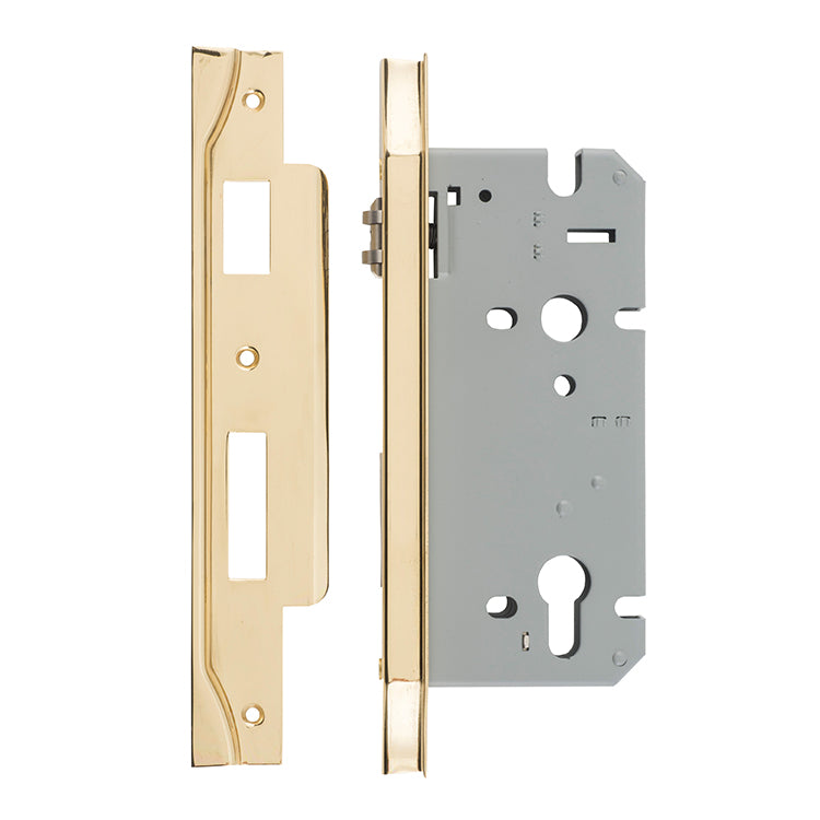 Rebated 85mm Euro Roller Mortice Locks - 60mm Backset Polished Brass / Steel & Sheet Brass